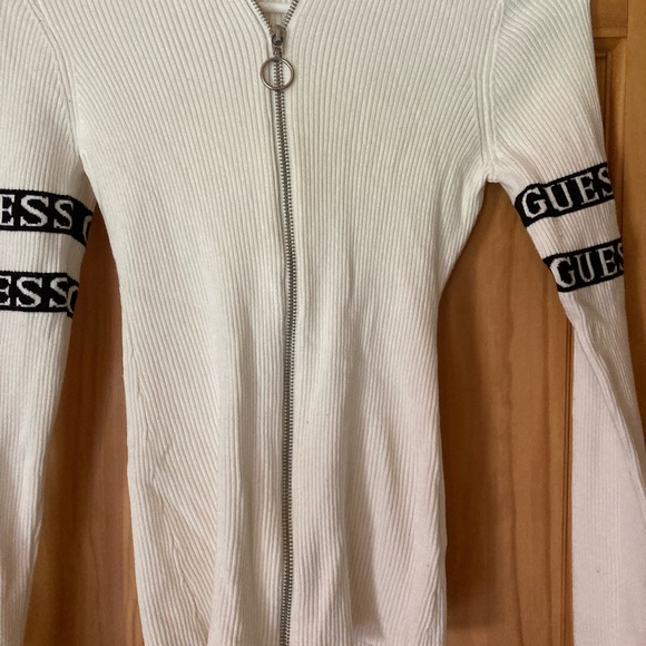 Guess Size S White with Black Zip Up Hooded Long Sleeve Sweater - Picture 4 of 10